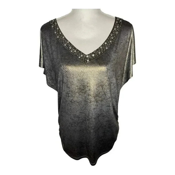 Rock & Republic Women's Medium Stretchy Metallic Gold & Silver V-Neck‎ Top - Picture 1 of 5